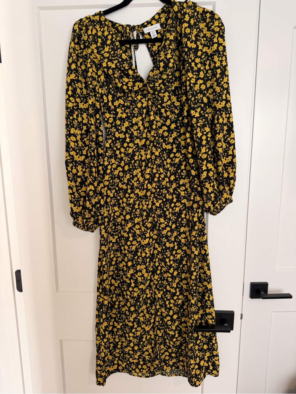 Topshop Black Midi Dress with Yellow Floral Print